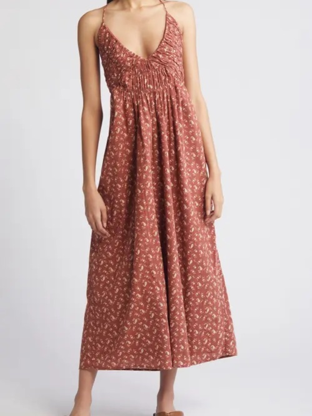 Spaghetti Strap V-Neck Maxi Cotton Dress in Rust Floral